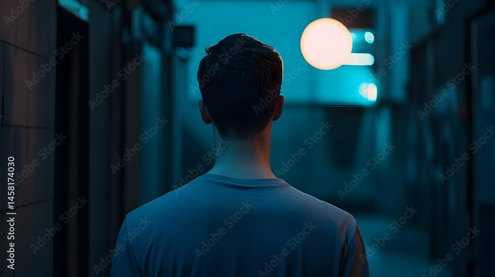 Contemplative journey: A man walking into the blue-lit urban unknown alley Contemplative journey: A man walking into the blue-lit urban unknown alley