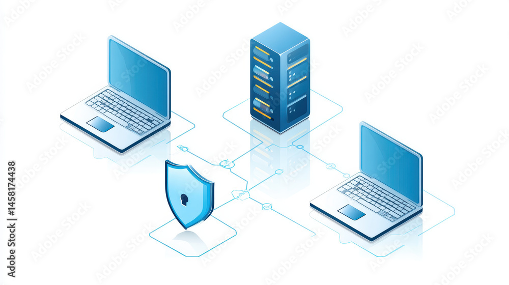 Reverse proxy server shield data protection network security two laptops server digital connection cybersecurity blue color technology concept Reverse proxy server shield data protection network security two laptops server digital connection cybersecurity blue color technology concept