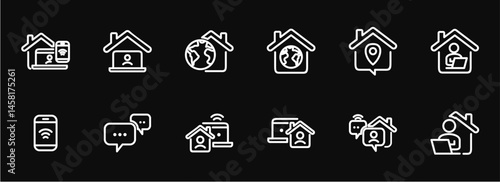 Remote Work Line Icons . Freelancer Work from Home, Video Call, Online Meeting, Teleconference Vector Set