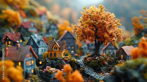 Magical woodland village scene with charming cottages high resolution images