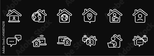 Remote Work Line Icons . Freelancer Work from Home, Video Call, Online Meeting, Teleconference Vector Set