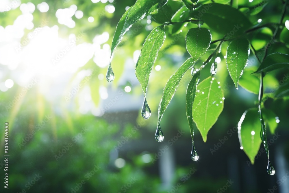 Obraz premium Dew drops on lush green leaves bathed in sunlight