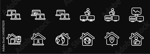 Remote Work Line Icons . Freelancer Work from Home, Video Call, Online Meeting, Teleconference Vector Set