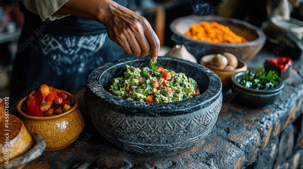 Fototapeta premium Hand adding garnish to guacamole