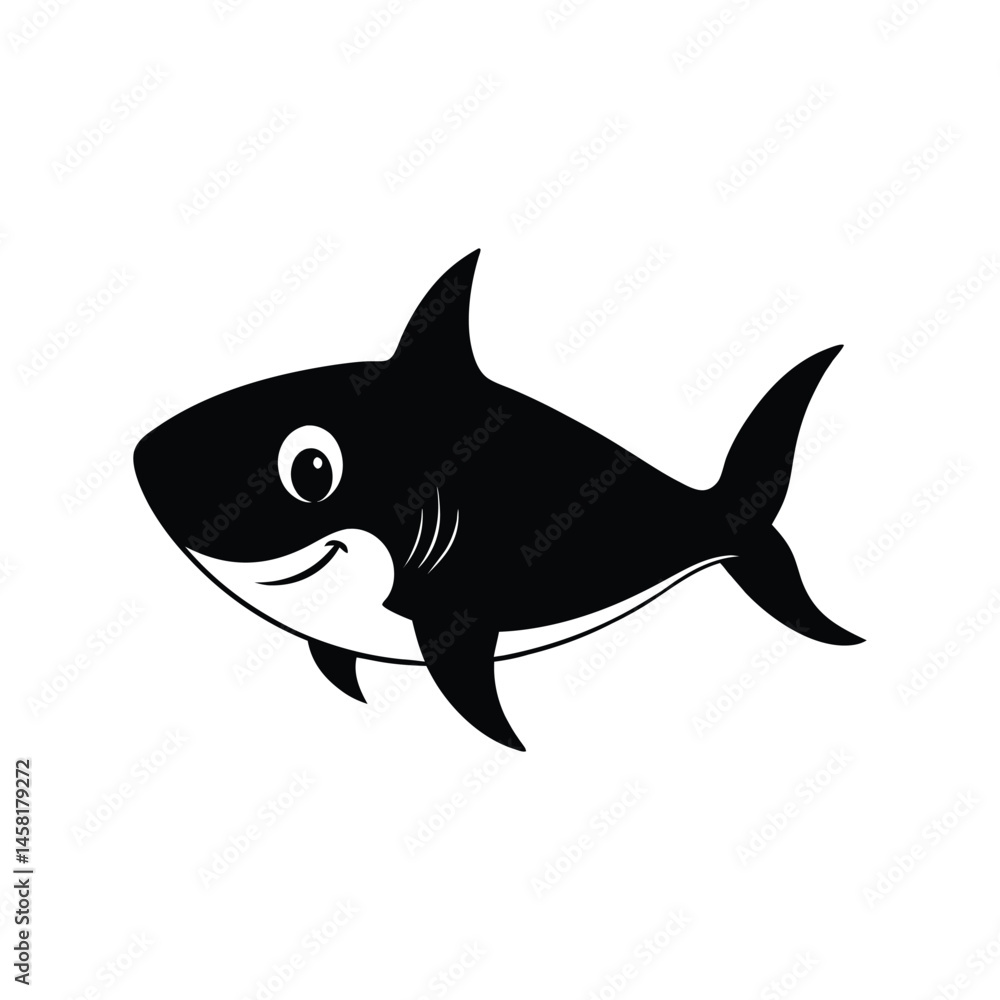Obraz premium Baby shark silhouette vector illustration. cute marine predator outline, ocean animal icon, kids theme sea creature art