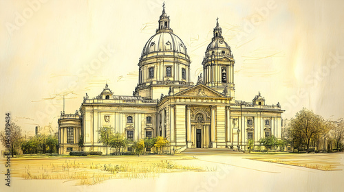 Majestic twin-domed cathedral, classical architecture, sketched style, serene landscape setting