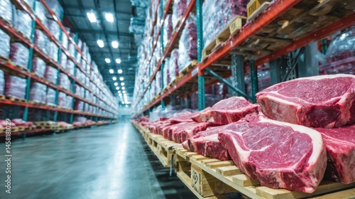 Large warehouse interior, full of meat products on pallets and shelves.  Rows of stacked, bagged, and packaged meats stretch into the distance