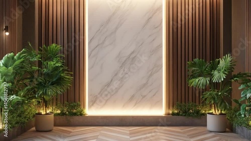 Modern lobby with marble wall, plants, wood