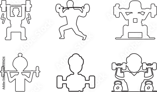 Fitness Workout Icon Set – Gym and Weightlifting Outline Vector Illustrations.