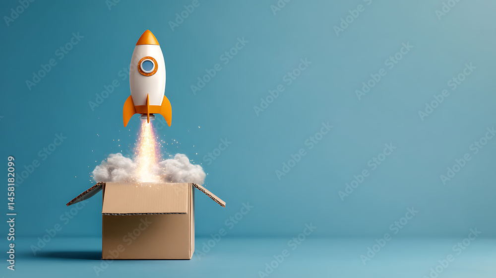 Rocket taking off from cardboard box on blue background