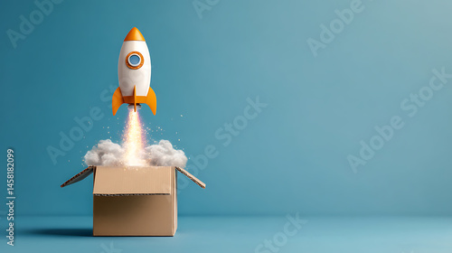 Obraz na płótnie Rocket taking off from cardboard box on blue background w salonie