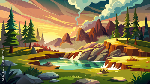 Steam rises gently from a natural hot spring nestled between mossy rocks and pine trees