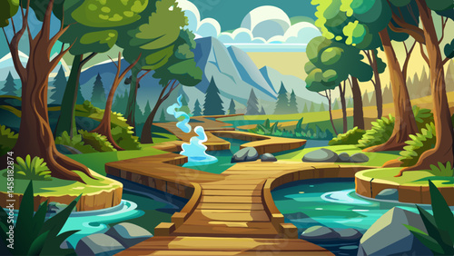 Wooden walkways lead to a steaming hot spring hidden in a quiet forest glade