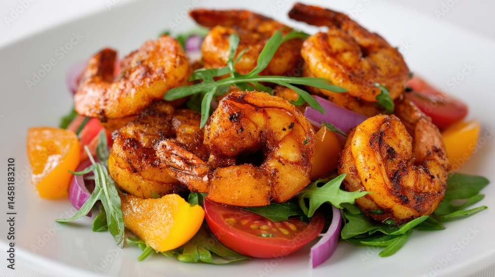 Deliciously Spiced Grilled Shrimp Served on a Colorful Fresh Salad with Cherry Tomatoes Sweet Peppers and Arugula Highlighting Culinary Artistry and Gourmet Presentation Deliciously Spiced Grilled Shrimp Served on a Colorful Fresh Salad with Cherry Tomatoes Sweet Peppers and Arugula Highlighting Culinary Artistry and Gourmet Presentation