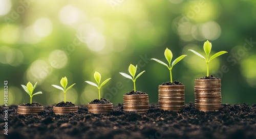 Growing Investments:  Seedlings Flourishing Amidst Stacks of Coins, Symbolizing Financial Growth and Sustainable Prosperity