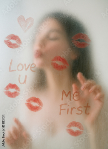 Self love message on foggy glass with lipstick kisses and positive affirmation