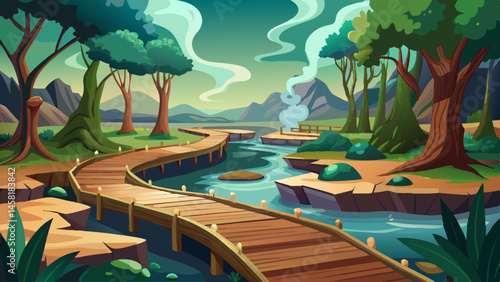 Wooden walkways lead to a steaming hot spring hidden in a quiet forest glade