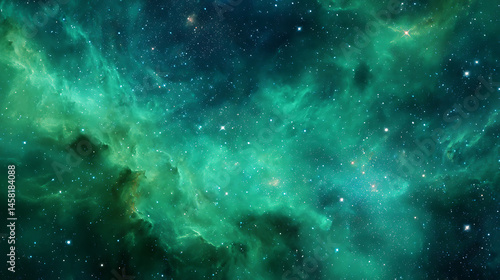 Colorful green space galaxy cloud nebula, stary night cosmos, universe science astronomy, supernova background wallpaper