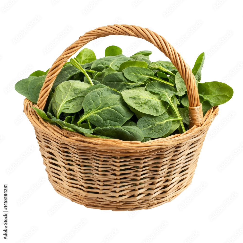 Fresh spinach leaves in a woven basket isolated on a clean transparent background for culinary and health purposes, Spinach leaves in basket isolated on transparent background Fresh spinach leaves in a woven basket isolated on a clean transparent background for culinary and health purposes, Spinach leaves in basket isolated on transparent background
