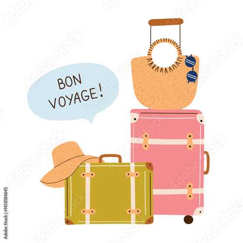 Stylish vector composition for women travel concept. Tropical vacation mood with suitcases, beach bag, sunglasses, and sun hat. Bon voyage message, summer holiday. Flat cartoon illustration