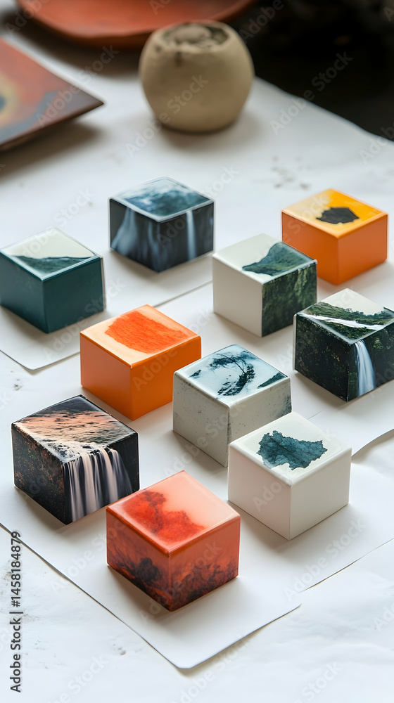 Obraz premium Ten small, square, landscape-printed boxes arranged on a white surface