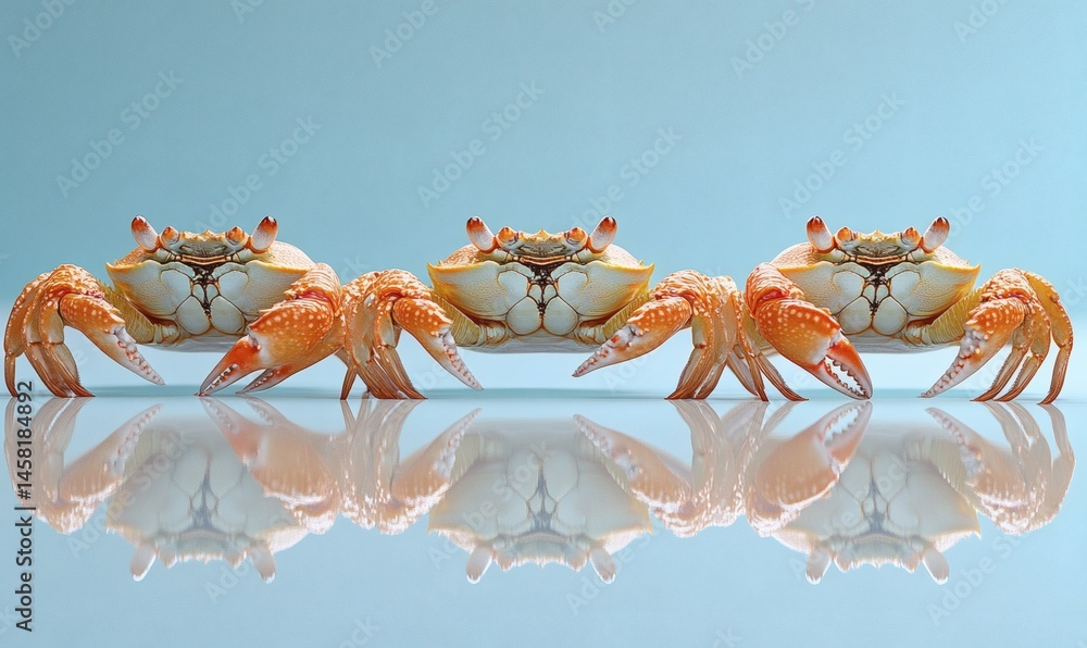 Fototapeta premium Three cooked crabs aligned side by side on a white reflective surface with a minimal background showing crustacean food concept in seafood stock photo format,