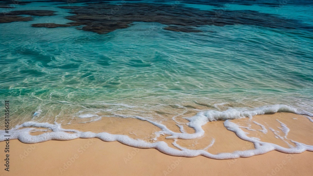 Obraz premium Serene beach scene with clear, turquoise water gently lapping onto the sandy shore.