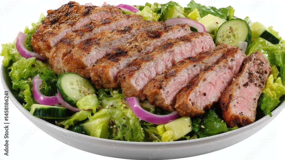 Grilled steak slices resting on a fresh salad of crisp lettuce, cucumbers, and red onions creating a vibrant and appetizing presentation ideal for healthy dining experiences Grilled steak slices resting on a fresh salad of crisp lettuce, cucumbers, and red onions creating a vibrant and appetizing presentation ideal for healthy dining experiences