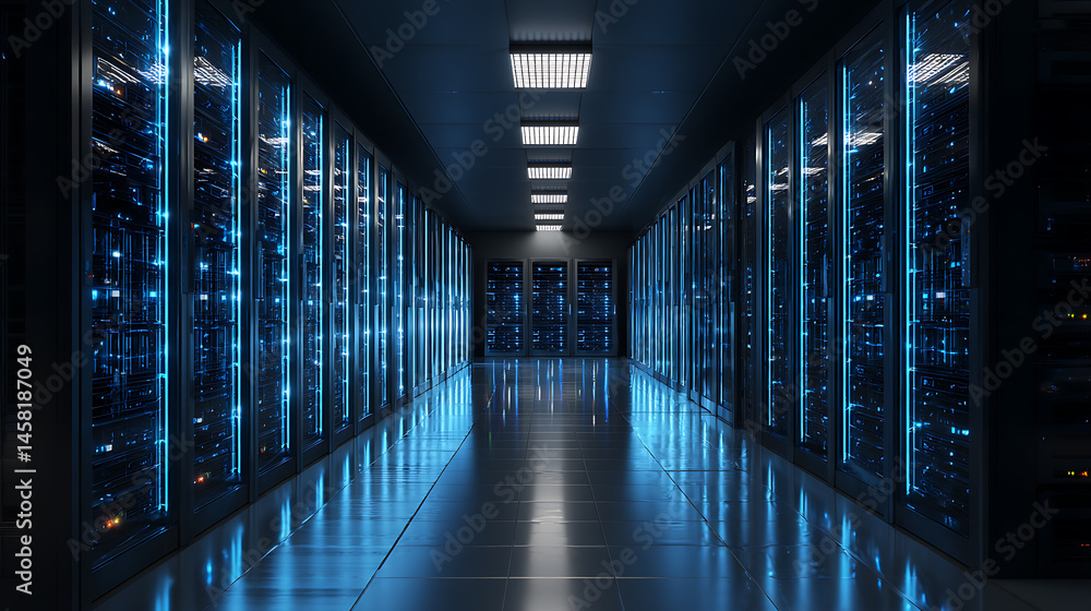 Modern data center racks with blue led lights hosting databases Modern data center racks with blue led lights hosting databases