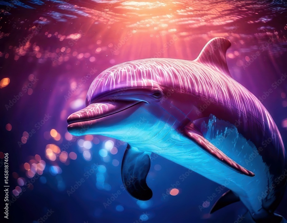 Dolphin in a vibrant dreamy atmosphere with colorful flares and sparkling ambient light