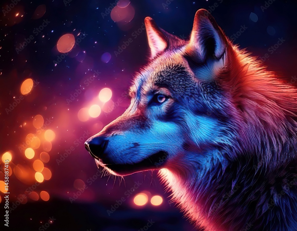 Wolf in a vibrant dreamy atmosphere with colorful flares and sparkling ambient light