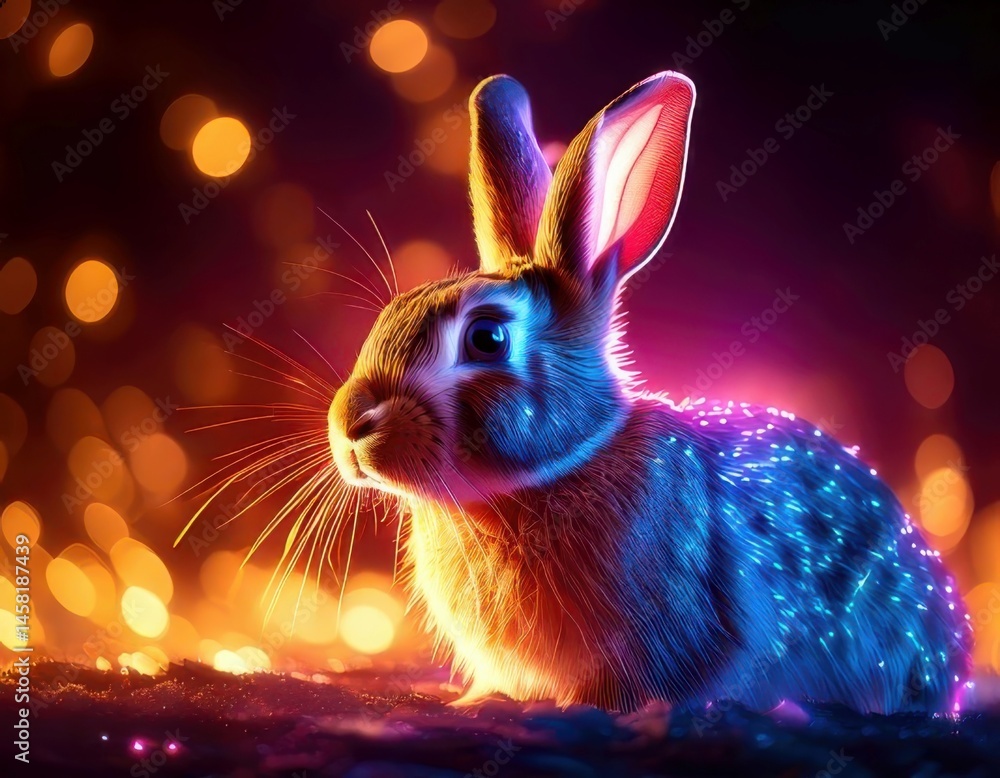 Rabbit in a vibrant dreamy atmosphere with colorful flares and sparkling ambient light