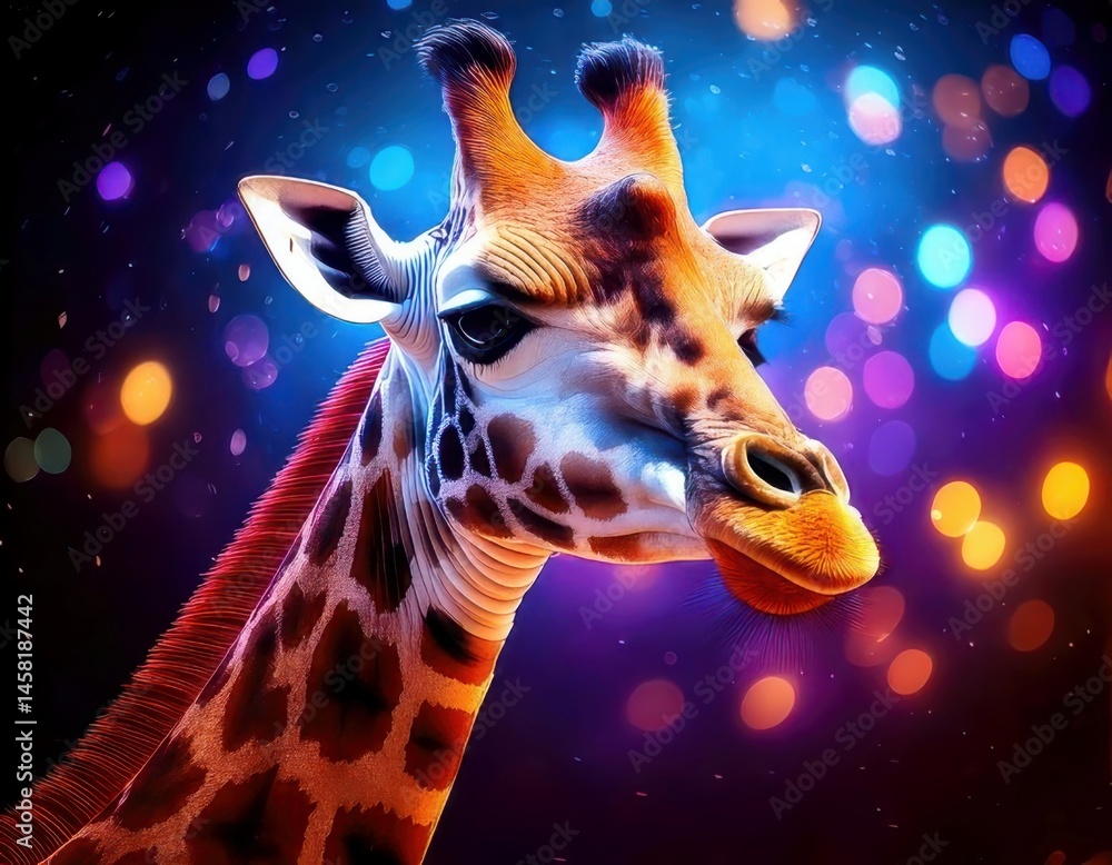 Giraffe in a vibrant dreamy atmosphere with colorful flares and sparkling ambient light
