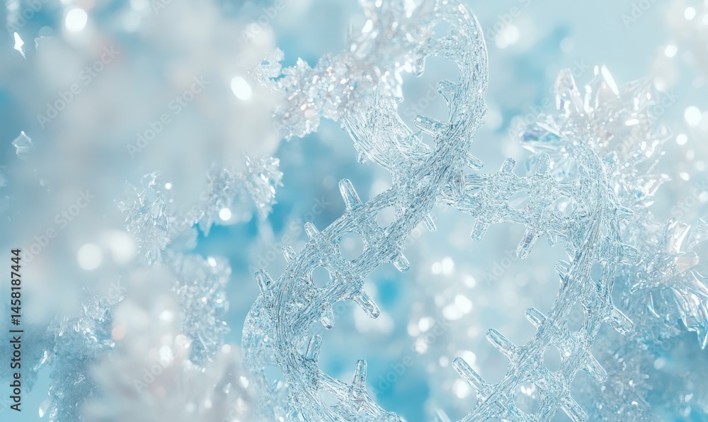 Close-up of intricate ice crystals, delicate and translucent, against a soft, light-blue backdrop with bokeh Close-up of intricate ice crystals, delicate and translucent, against a soft, light-blue backdrop with bokeh