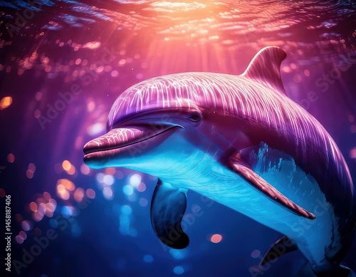 Obraz na płótnie Dolphin in a vibrant dreamy atmosphere with colorful flares and sparkling ambient light w salonie