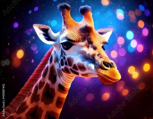 Giraffe in a vibrant dreamy atmosphere with colorful flares and sparkling ambient light