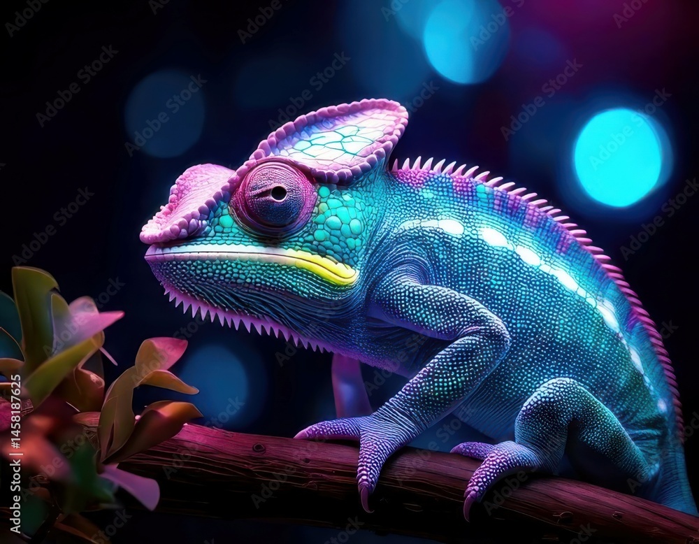 Chameleon in a vibrant dreamy atmosphere with colorful flares and sparkling ambient light