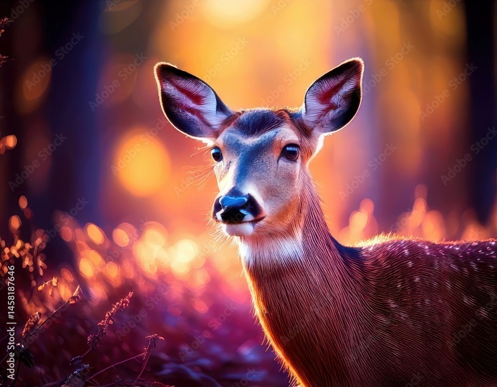 Deer in a vibrant dreamy atmosphere with colorful flares and sparkling ambient light