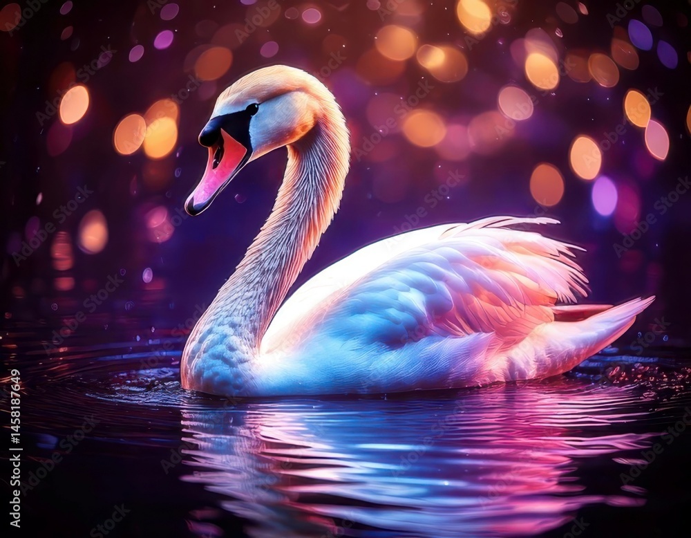 Swan in a vibrant dreamy atmosphere with colorful flares and sparkling ambient light