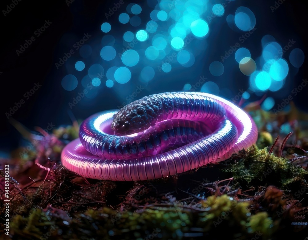 Earthworm in a vibrant dreamy atmosphere with colorful flares and sparkling ambient light