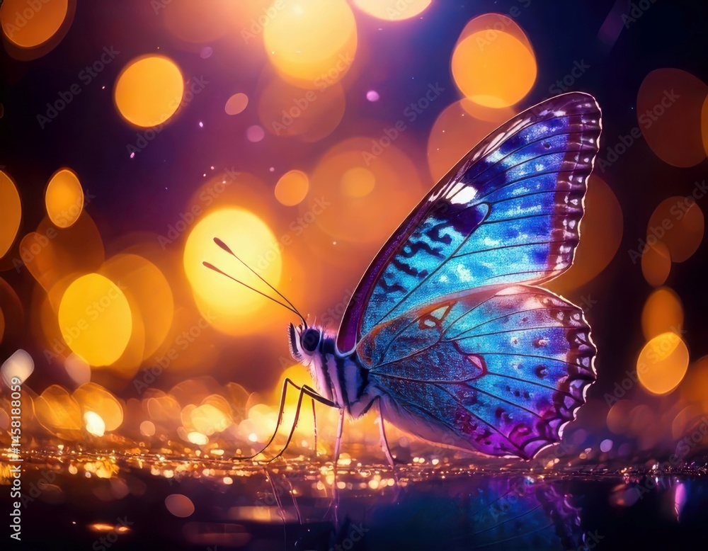 Butterfly in a vibrant dreamy atmosphere with colorful flares and sparkling ambient light