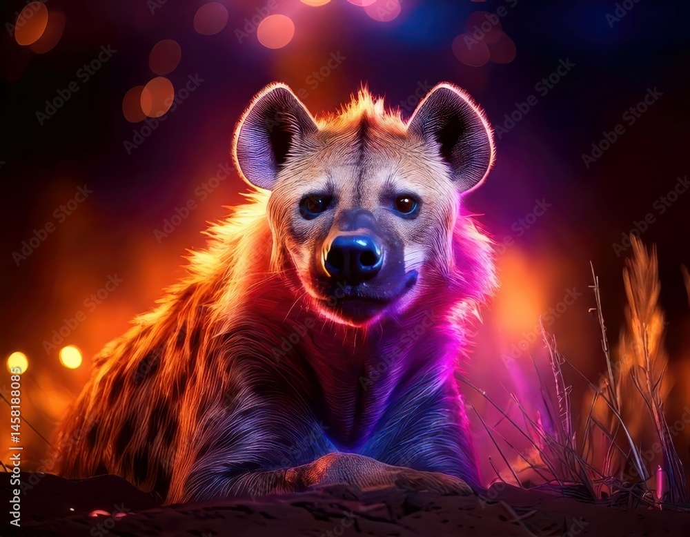 Hyena in a vibrant dreamy atmosphere with colorful flares and sparkling ambient light