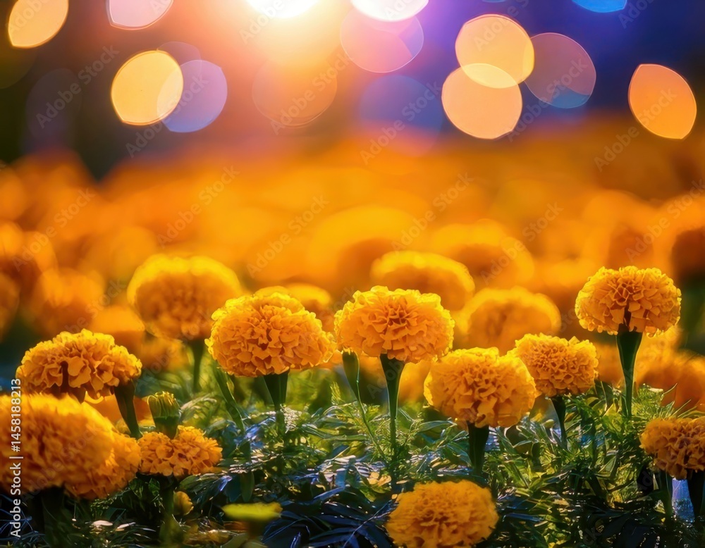 Marigold under magical lighting with neon glow, immersed in a soft bokeh fantasy background