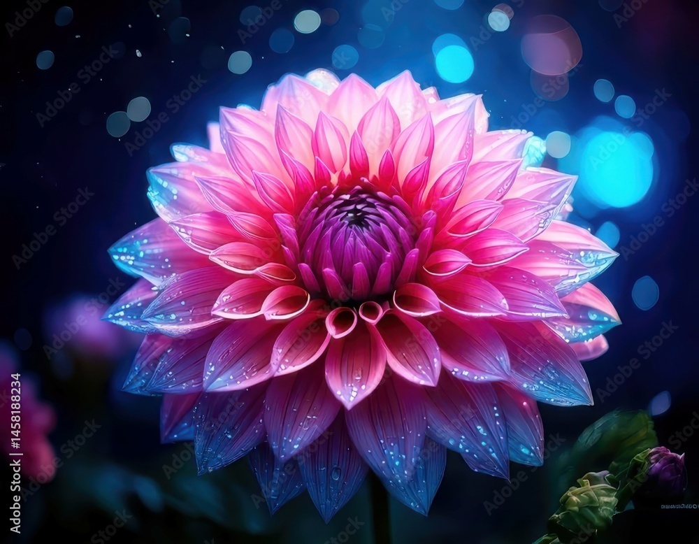 Dahlia under magical lighting with neon glow, immersed in a soft bokeh fantasy background