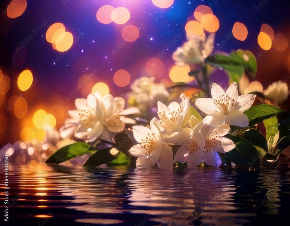 Jasmine under magical lighting with neon glow, immersed in a soft bokeh fantasy background