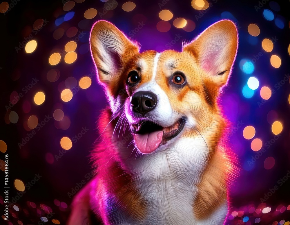 Pembroke Welsh Corgi under magical lighting with neon glow, immersed in a soft bokeh fantasy background