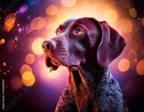 Obraz na płótnie German Shorthaired Pointer under magical lighting with neon glow, immersed in a soft bokeh fantasy background w salonie
