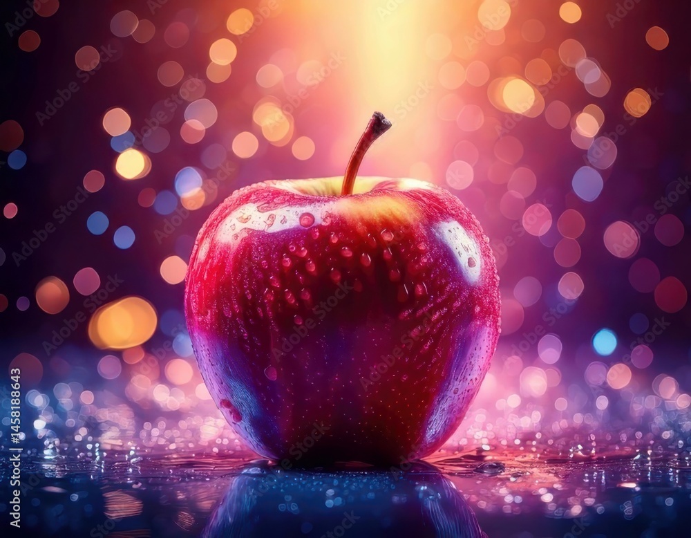 Apple under magical lighting with neon glow, immersed in a soft bokeh fantasy background