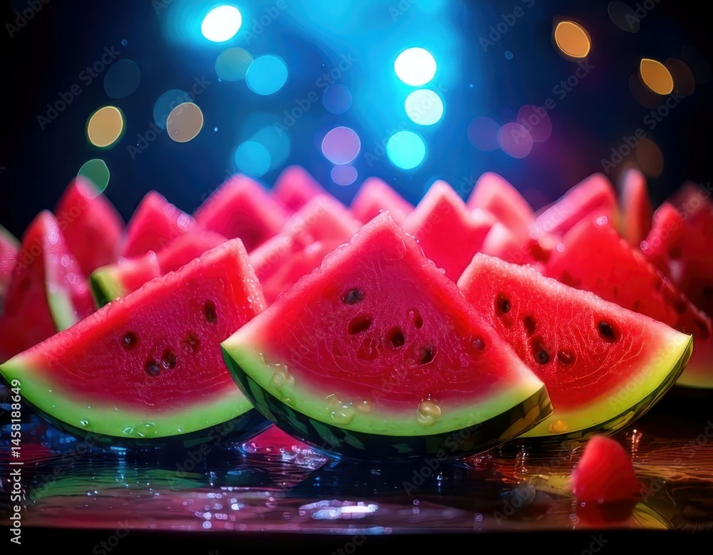 Watermelon under magical lighting with neon glow, immersed in a soft bokeh fantasy background