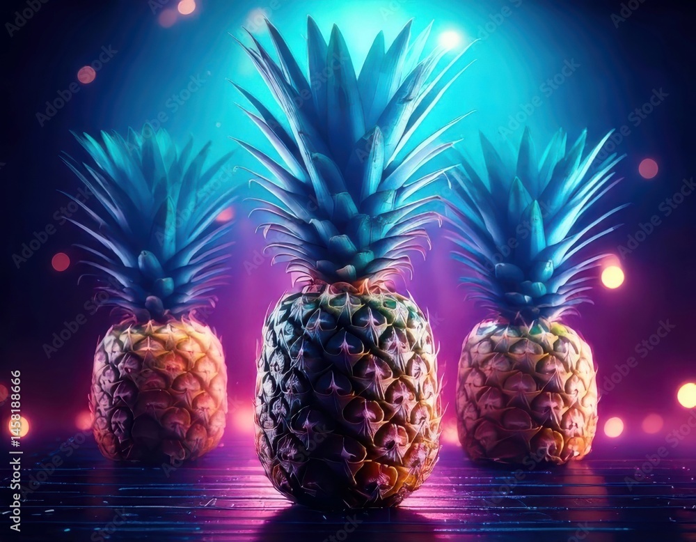 Pineapple under magical lighting with neon glow, immersed in a soft bokeh fantasy background